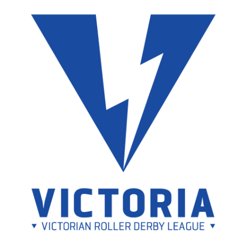 The Victorian Roller Derby League Logo. A large blue V with a lightning bolt vertically through the middle with Victorian Roller Derby League written underneath.