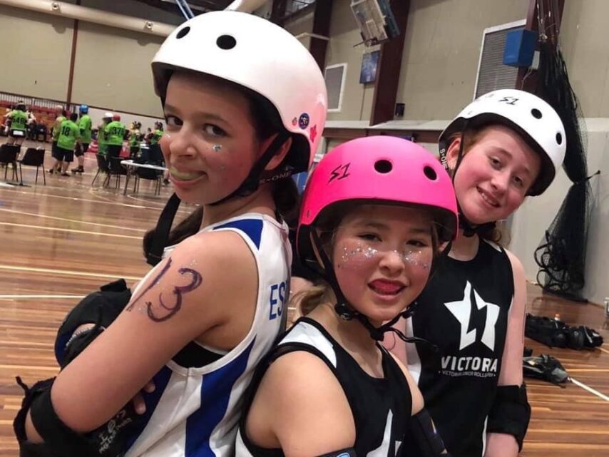Some of our Victorian Roller Derby League juniors exciting at a roller derby game.
