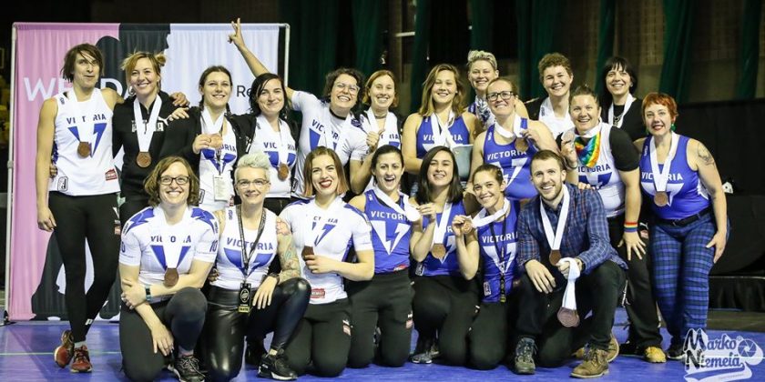 A photo of the VRDL Lighting (All Stars) after winning 3rd in the WFTDA Championships in 2017