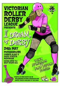 Old Vintage Roller DErby poster of a VRDL Home Team bout between Dead Ringer Rosies and Toxic Avengers.
