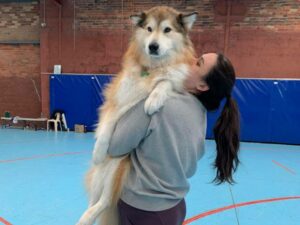 One of our skaters holding their enormously and floofy dog.